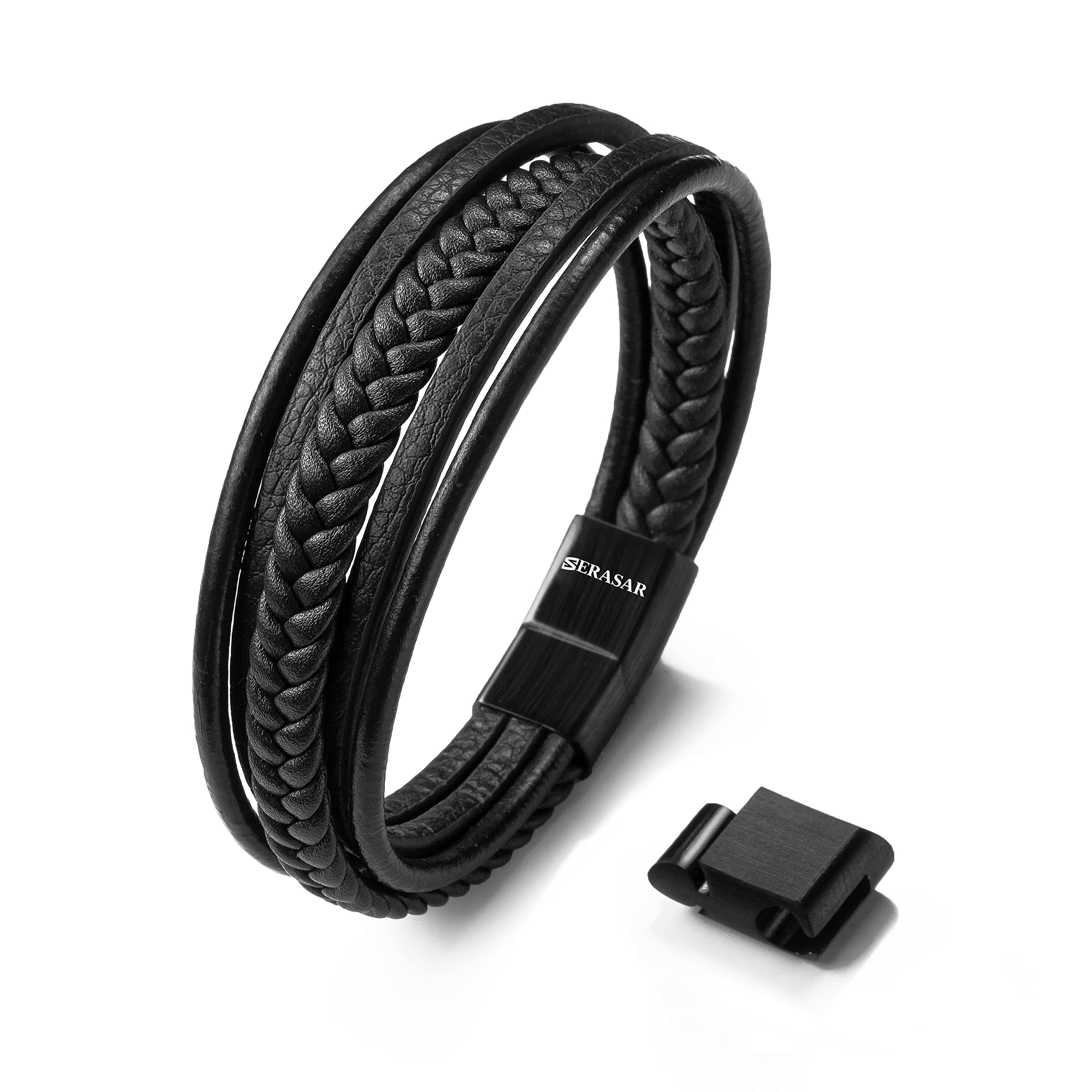 SERASAR 21cm Black Bracelet Mens GiftBox Genuine Leather Cowhide Braided AdjustAble Magnetic Clasp MultiLayer Wrap Jewellery Mans Male Bracelets Band Jewelry Magnet Accessories — image 1