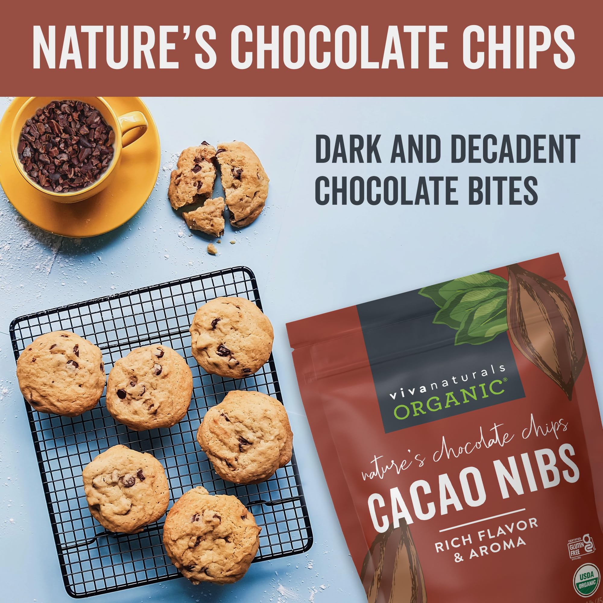 Viva Naturals Organic Cacao Nibs, 1 Lb - Certified Keto and Vegan Superfood, Perfect for Gluten Free Baking, Cacao Nib Smoothies and Healthy Snacks, Premium Criollo Beans, Non-GMO