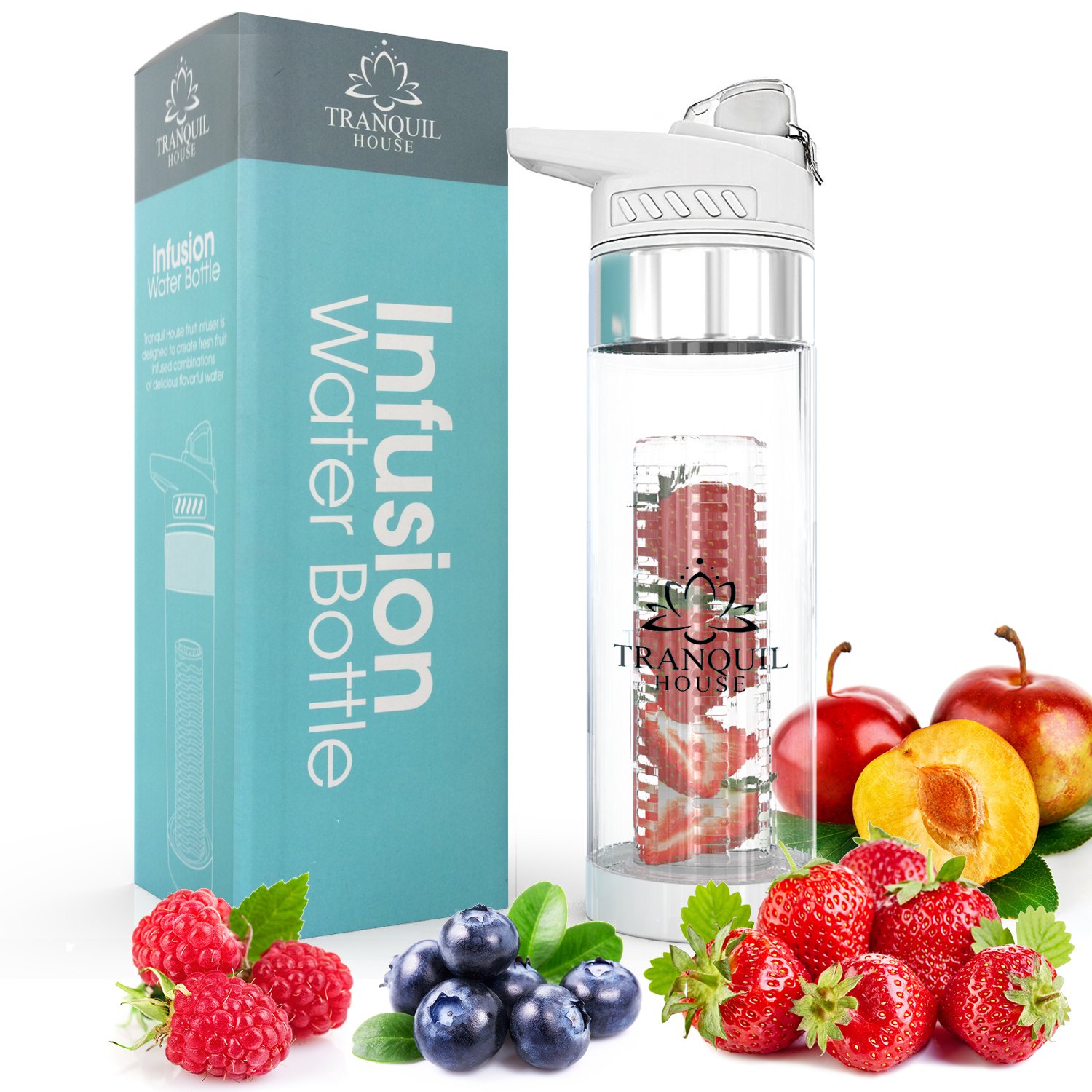 Tranquil House Fruit Infusion Water Bottle 700ml *Unique Bottom Infuser, Infused to the Very Last Drop* Leak Proof Flip Top Lid. BPA Free. Tasty, Healthy Hydration