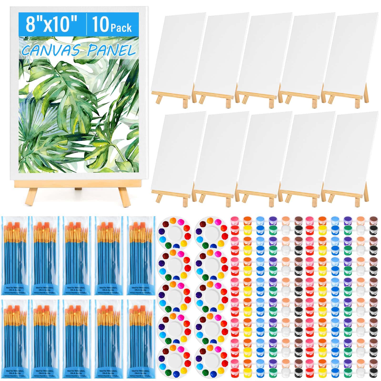 Photo 1 of 10 Pack 8*10in Canvas Boards for Painting, Art Canvases with Easel for Drawing with 100Pcs Assorted Brushes Paint Trays 12-Color Acrylic Paint, Mini Painting Canvas Set, for Adults & Kids Party