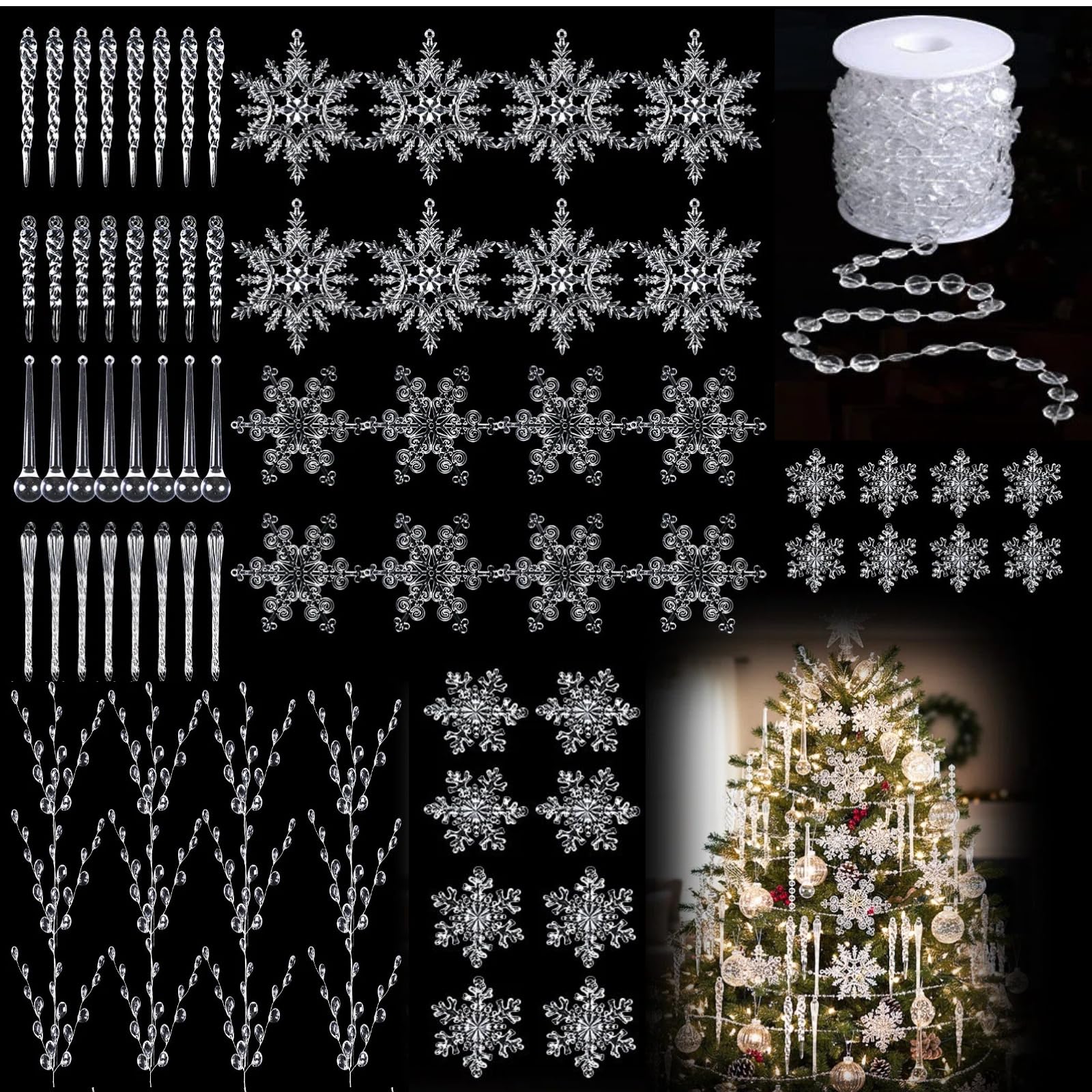 Photo 1 of Chunful 70 Pcs Crystal icicles Ornaments Decorations 8 Styles Hanging Clear Transparent Acrylic Snowflake Icicle Pendants 33 ft Beaded Garland Chain for Winter Wonderland Wedding Party Decor