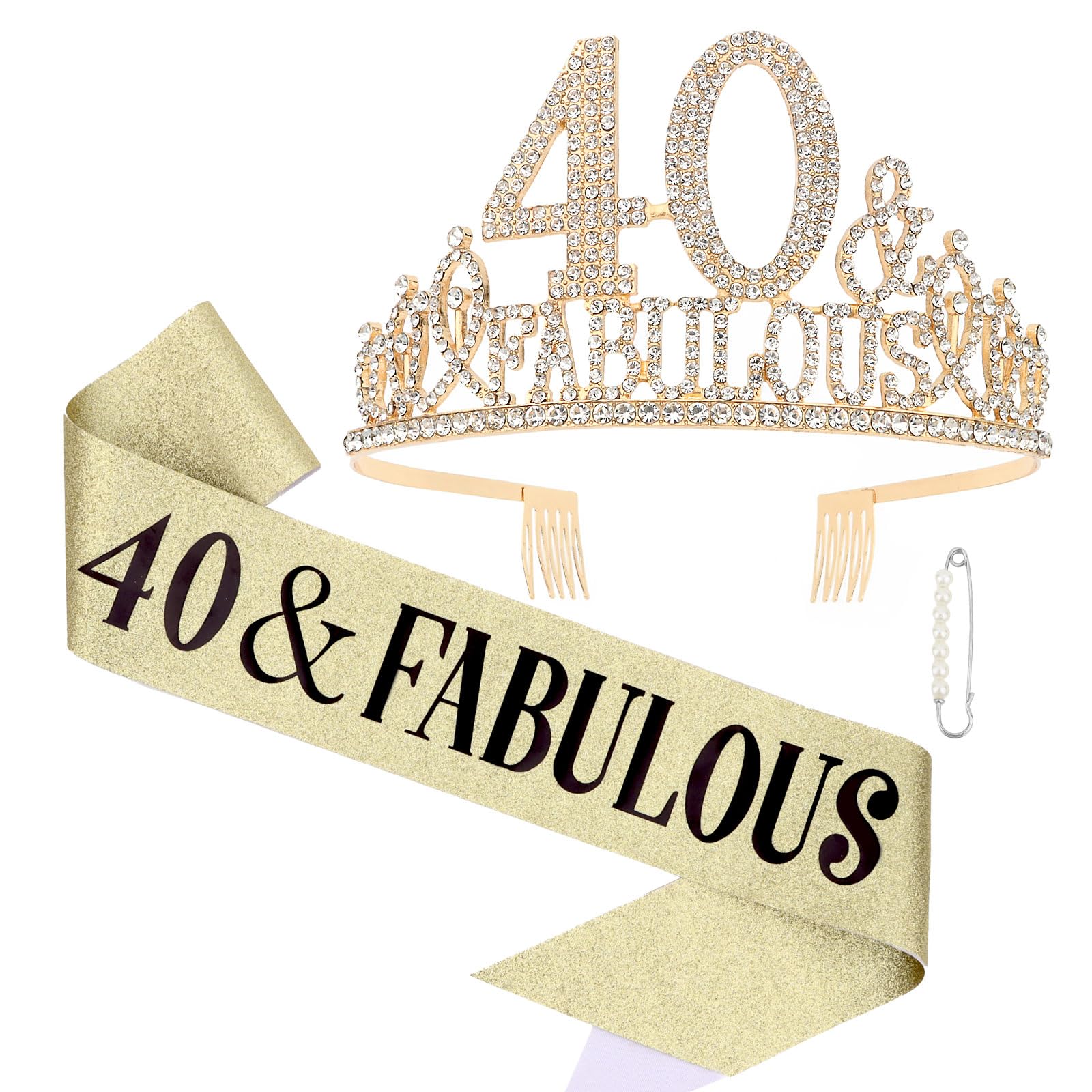 Luixenir 3 Pcs Gold 40th Birthday Sash and 40th Tiara Rhinestone Crown Headband and Sash for Women 40 and Fabulous Birthday Decorations