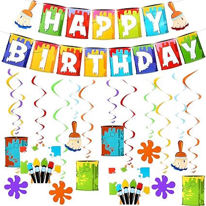 Amazon Com 13 Pieces Art Party Supplies Includes Art Birthday Banner Painting Happy Birthday Sign And 12 Pieces Art Hanging Swirl Decorations For Art Painting Theme Birthday Party Baby Shower Decorations Toys
