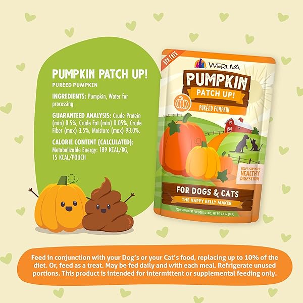 WERUVA PUMPKIN PATCH UP!, PUMPKIN PUREE PET FOOD SUPPLEMENT FOR DOGS & CATS, 2.80OZ POUCH (PACK OF 12)