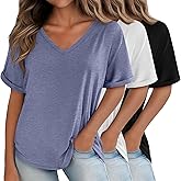 Huukeay 3 Pack Women's Oversized T Shirts, V Neck Loose Fit Rolled Sleeves Tops Shirts Summer Half Sleeves Tee