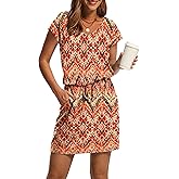 OFEEFAN Summer Dresses for Women 2026 V Neck T Shirt Casual Mini Dresses Tie Waist Sundresses with Pockets