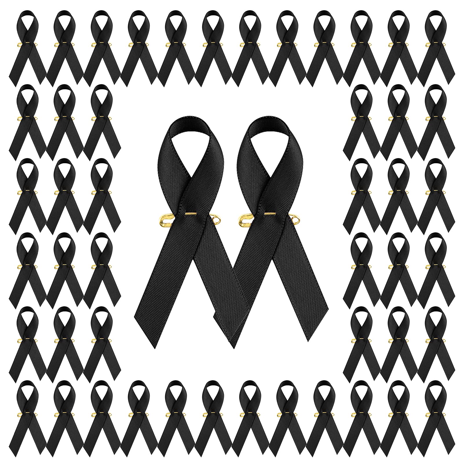 Wandic 100 Pieces Satin Ribbon Brooches with Safety Pins for Classic Melanoma Awareness Mourning Remembrance Day Black 7.5 x 4 cm Satin, 7,5 x 4 cm, Satin