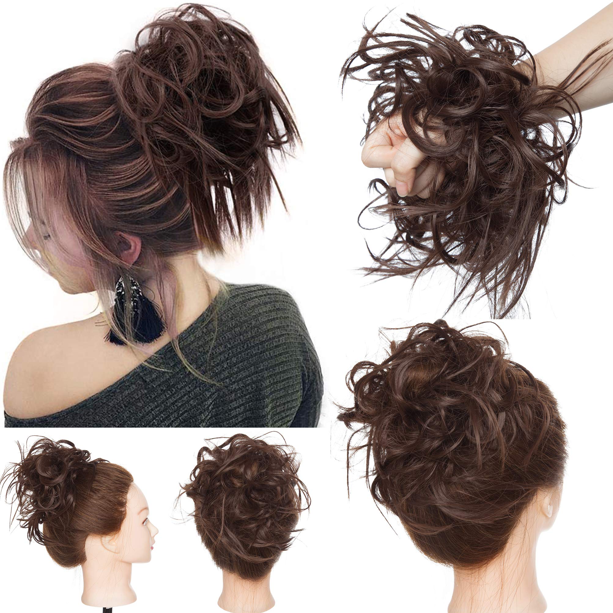 Tousled Updo Messy Bun Hair Piece Scrunchies Hair Synthetic Wavy Bun Extensions Fluffy Updo Scrunchy Chignon with Elastic Rubber Band Wrap on Donut Ponytail Hairpieces Medium Brown