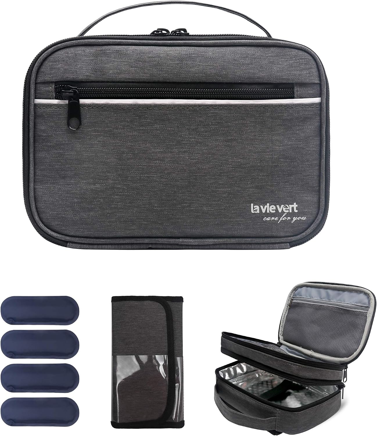 Lavievert Diabetic Care Organizer Travel Case Diabetic Medication Cooler with a Shoulder Strap and 4 Ice Packs - Dark Gray