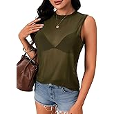 Rooscier Women's Mesh See Through Sheer Crew Neck Sleeveless Tank Top Cami Shirt Without Bra