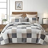 Y-PLWOMEN Plaid Quilt King Size - 100% Cotton Farmhouse King Quilt with 2 Pillow Shams, Breathable Lightweight Comforter Quilted Bedspreads Bedding Set, Grey Brown, King(98 * 106 Inch)