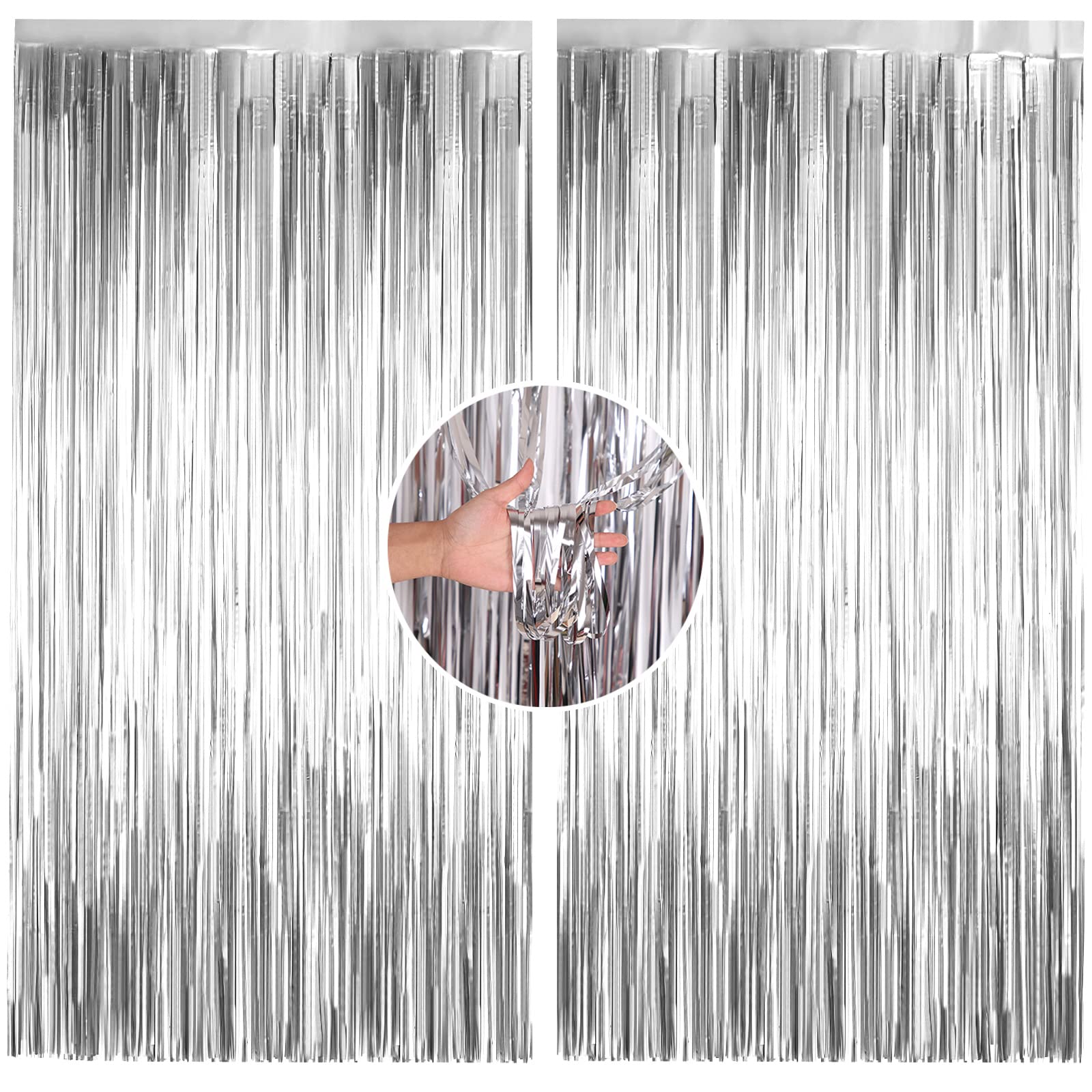 2Pc 1m*2m Halloween Sliver Foil Curtain Door Curtain,Metallic Tinsel Curtains Party Backdrop Curtain.Shimmer Curtains,Fringe Backdrop Hanging Streamer for Halloween Xmas Birthday Wedding Prom Party