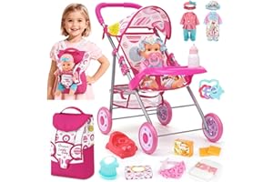 DREAMON Baby Doll Stroller Set with 12.5" Doll, Baby Dining Table, Backpack with Carrier, 21 PCS Baby Doll Accessories Stroller Toys, 2 Sets Doll Clothes, Feeding Set Girls Toddlers Gifts for Pretend Play