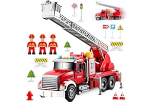 MOBIUS TOYS Fire Truck Toy Set for Kids - Fire Engine Truck with Water Spraying Hose, Rotating Ladder + 3 Fireman Firefighters, Road Signs, Lights & Sounds – Toy Fire Truck for Boys Age 4-7, Girls 3 Years Old+