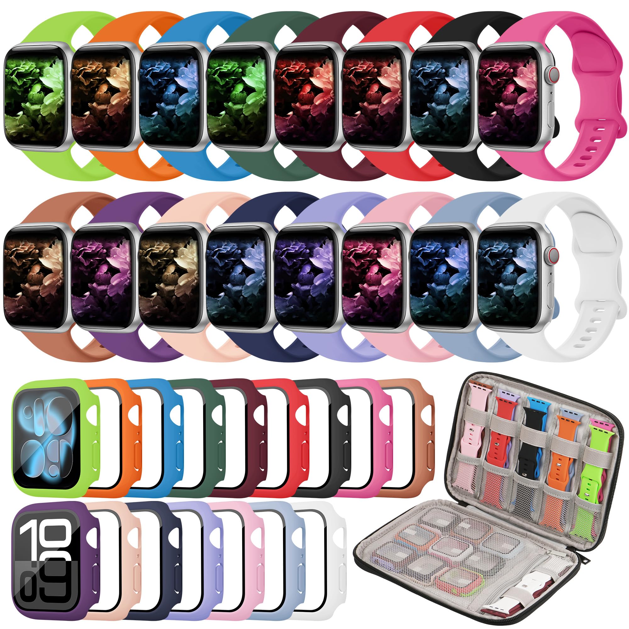 Kounlsyam 16+16 Pack Band and Case Compatible with Apple Watch Band 46mm 45mm 44mm 42mm 41mm 40mm 38mm for Women Men, Watch Band Organizer, Screen Protector Case for iWatch Series 11 10 9 8 7 6 5 4 SE