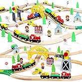TOY Life Wooden Train Set 60pcs with Magnetic Crane, Wooden Train Tracks Toys for Toddlers Boys Girls 3 4 5, 3 Year Old Boy Gift, Wood Toys Toddler Train for Kids 4-8 - Fits Thomas Brio Chuggington