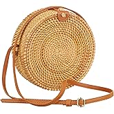 Hossejoy Handwoven Round Rattan Purse for Women, Adjustable Leather Shoulder Strap, Boho Straw Beach Bag, Lightweight & Durable for Travel, Wedding, Vacation