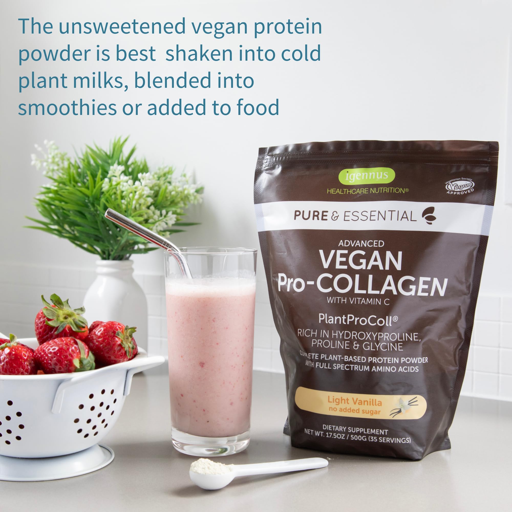 Advanced Vegan Vanilla Collagen Peptide Powder, Enhanced with Glycine, Proline & Hydroxyproline & Cofactor Vitamin C, Non GMO, Vegetarian Plant Based Collagen Powder Booster, 35 Servings, by Igennus
