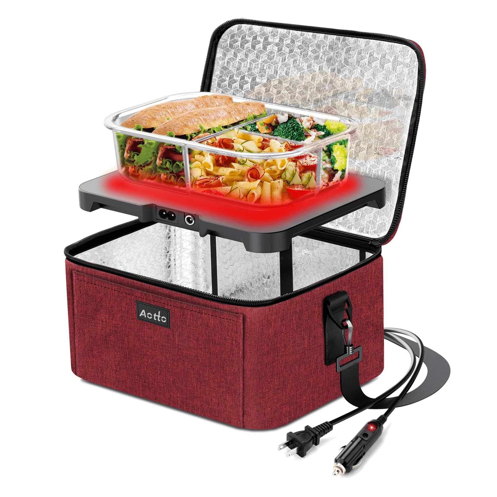 Photo 1 of Aotto Portable Oven, Electric Lunch Box Food Heater - 12V/24V/110V 3-in-1 Car Food Warmer - Heated Lunch Box for Adults - Cook, Reheat & Keep Meals Warm for Car, Truck, Travel, Work, Home - Red