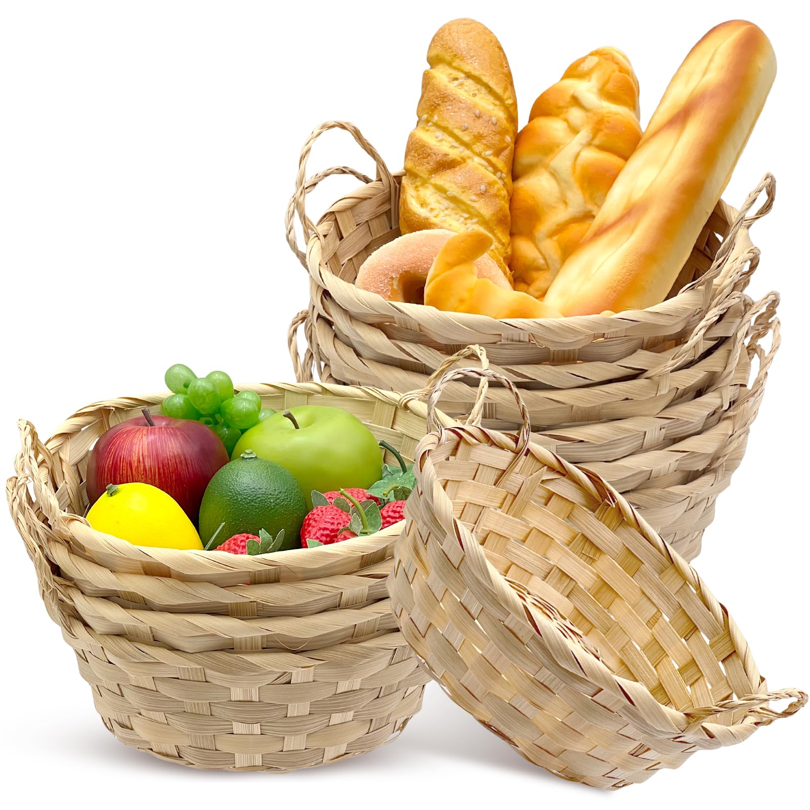 Photo 1 of 10 Pack Round Gift Baskets, 9 Inch Christmas Sweets Basket Natural Bamboo Woven Fruit Basket Bread Roll Serving Basket Food Storage Bin Handmade Baskets for Christmas Kitchen Restaurant