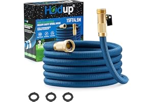 HODUP Garden Hose 15ft, Premium Woven Fabric Metal Stainless Steel Hose, Kink-free Flexible Water Hose, Puncture Proof Hose With Crush Resistant On/Off Valve Brass Fitting for Yard, Rv (Blue, 15 ft)