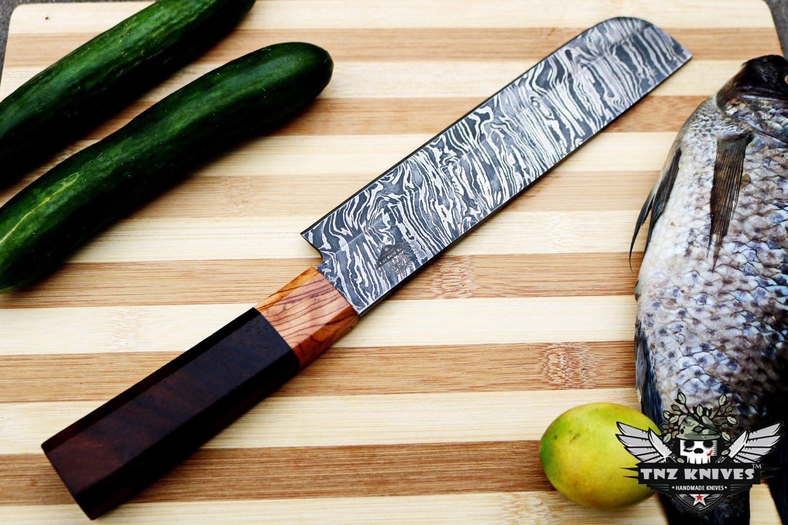 TNZ-1184 USA Damascus Chef Knife 12.25″ Long 7.5″Blade ” 9oz Damascus Chef Knife Handmade Kitchen Sharp Sushi Chef Knife with Leather Cover TNZ Hand Made Damascus Knives