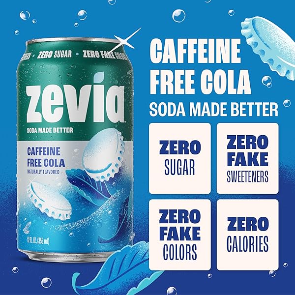 ZEVIA ZERO SUGAR SODA, CAFFEINE FREE COLA, 12 OZ CANS (24-PACK) – NATURALLY SWEETENED, ZERO CALORIE SUGAR FREE SODA – NON-GMO PROJECT VERIFIED, GLUTEN-FREE, VEGAN
