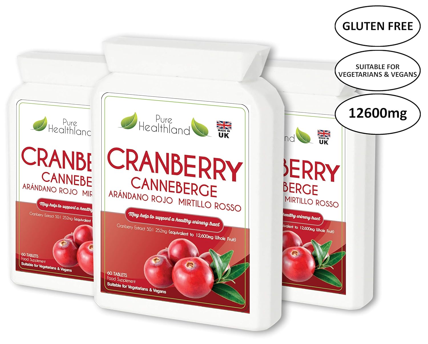Gluten Free Cranberry Concentrate Supplement Tablets. Equal to 12,600mg
