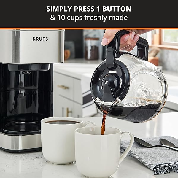 KRUPS COFFEE MAKER 10 CUPS SIMPLY BREW STAINLESS STEEL DRIP COFFEE MAKER, 900 WATTS COFFEE FILTER, DRIP FREE, DISHWASHER SAFE POT , BLACK & SILVER