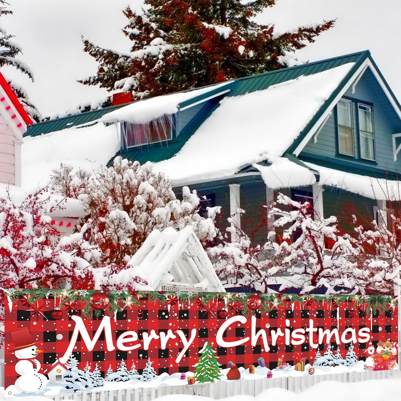Merry Christmas Extra Large Banner Decoration Snowman Snowfield Red Buffalo Check Plaid Christmas Tree Xmas Banners Sign for Wall Yard New Year Eve Party Indoor Outdoor, 50 x 300cm