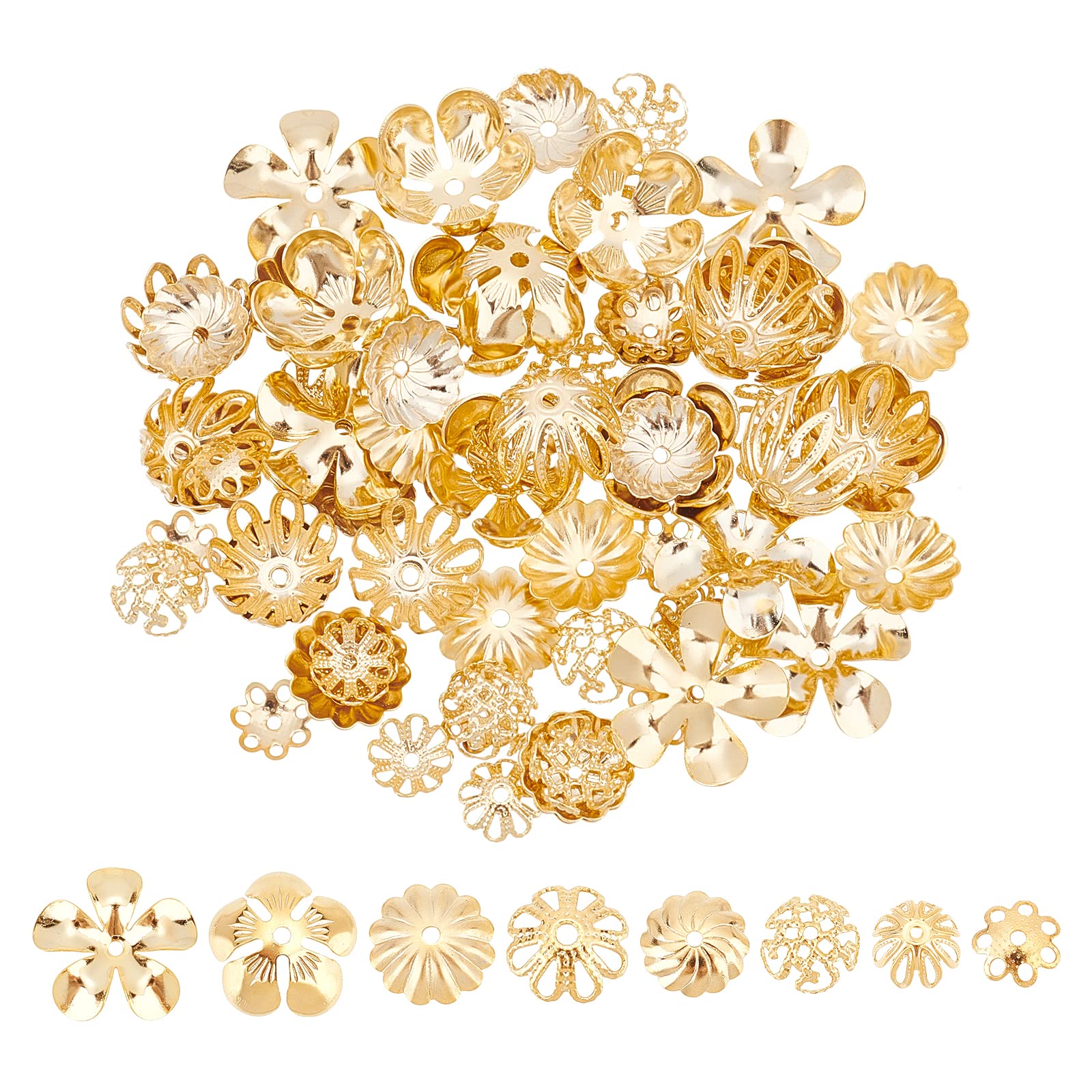 UNICRAFTALE About 80Pcs 8 Style Stainless Steel Fancy Bead Caps Multi-Petal Flower Bead Cap Golden Bead Cap Hole 1~1.5mm for Bracelet Necklace Earring Jewlery Making
