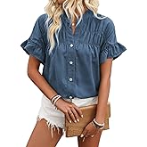 Womens Button Down Shirts Ruffle Ruched Short Sleeve Tops Summer Solid Casual Work Business Blouses (Not Denim)