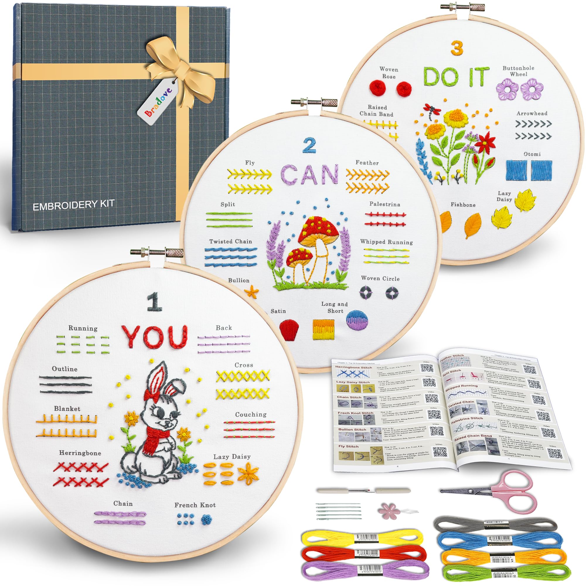 Photo 1 of Bradove Embroidery Kit for Beginners, Learn to Embroider Top 29 Stitches and Cute Patterns with Video Tutorial and Instruction Booklet, Beginner Embroidery Kit for Adults Kids, Stitches Kit