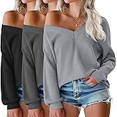 Velvelhall 3 Pack Women's Oversized Off The Shoulder Tops Waffle Knit V Neck Casual Shirts Loose Fit Long Sleeve Tees