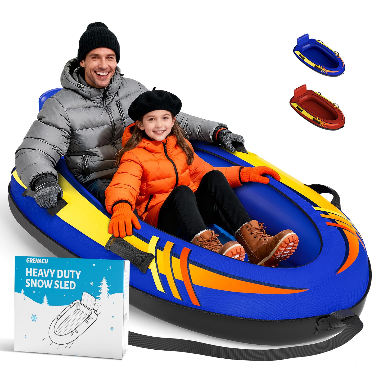 Photo 1 of 2 Person Inflatable Snow Sled with Premium Canvas Cover, Snow Tubes for Sledding Heavy Duty with Backrest and Handles for Adults, Winter Outdoor Toys Gifts for Boys Girls Family
