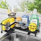 Extendable L-Shaped Sink Caddy Organizer for Kitchen Countertop-Black | Sink Sponge Holder with Removable Brush Holder, Metal Self-Draining Sponge and Soap Storage Rack,Length Adjustable 10"-15.35"