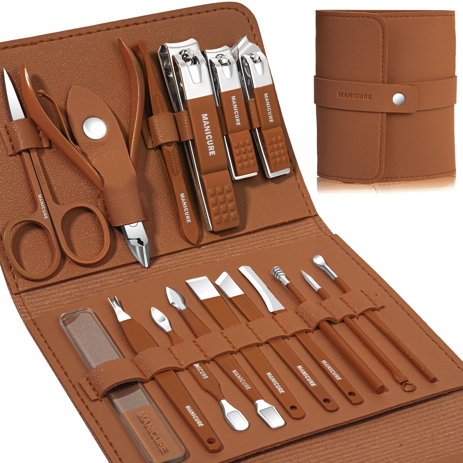 Photo 1 of Manicure Set Professional Nail Clippers Pedicure Kit, 16 pcs Stainless Steel Nail Care Tools Grooming Kit with Luxurious Travel Leather Case for Thick Nails Men Women Gift (Brown)