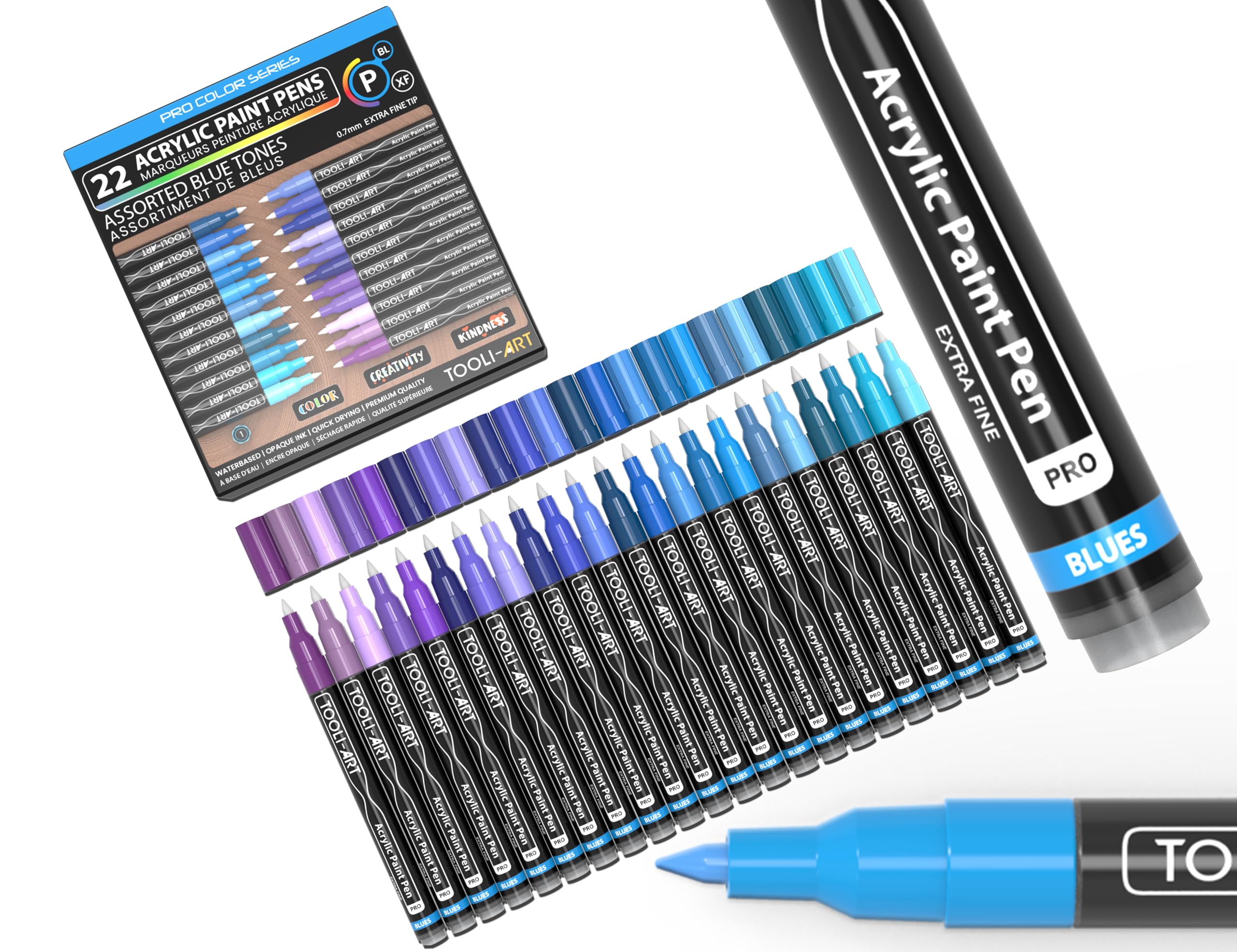 Acrylic Paint Pens 22 Blue & Purple Tones Assorted Pro Colour Series Markers Set 0.7mm Extra Fine Tip for Rock Painting, Glass, Mugs, Wood, Metal, Canvas, Projects, Non Toxic, Waterbased, Quick Drying