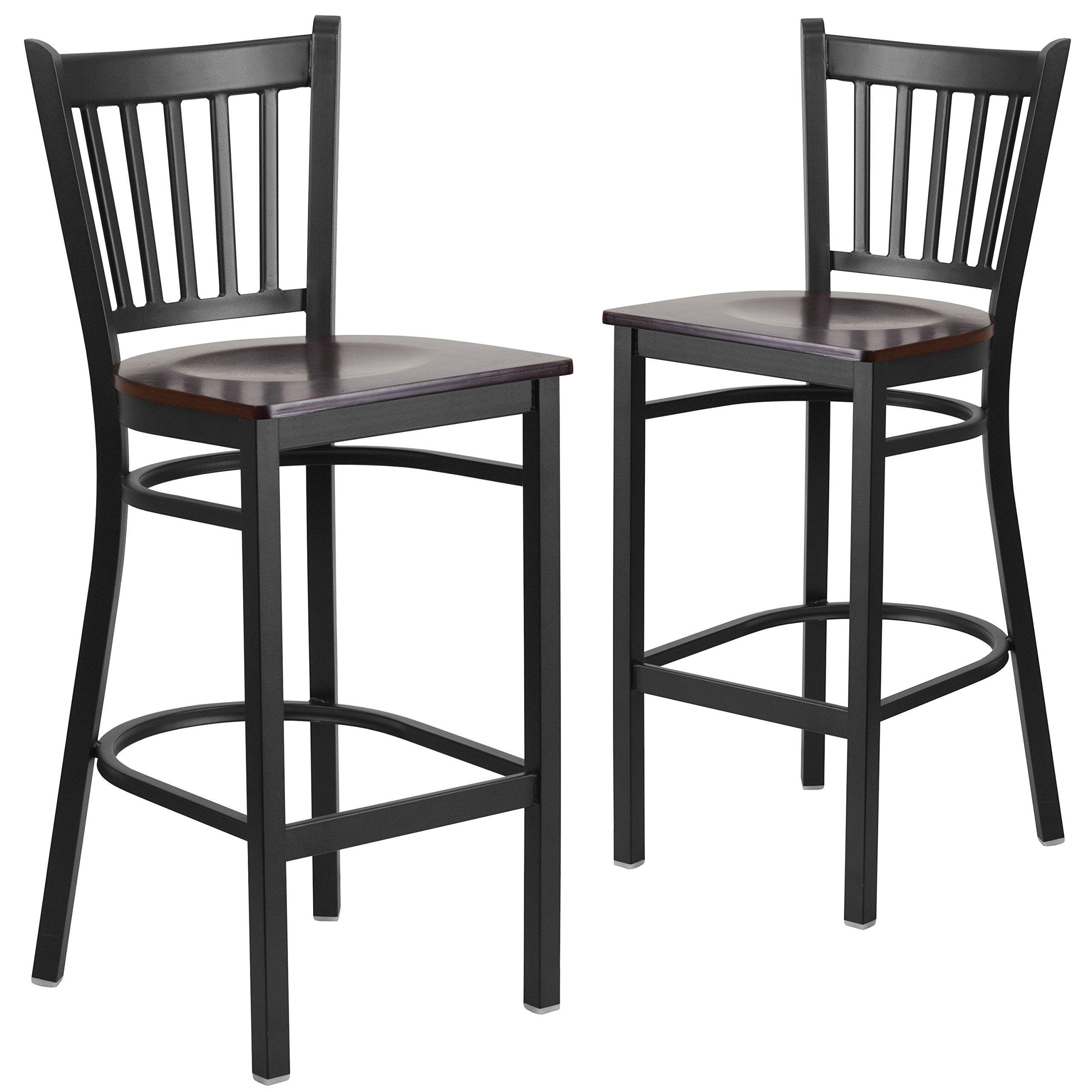 Photo 1 of Flash Furniture HERCULES Series Black Vertical Back Metal Restaurant Barstool - Walnut Wood Seat (Pack of 2)