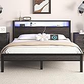 LOEWAY Queen Size Bed Frame with Storage Headboard and LED Lights, Industrial Platform Bed with Charging Station, Heavy Duty Metal Slats, No Box Spring Need, Noise Freee, Grey
