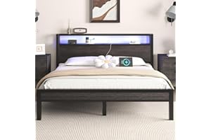 LOEWAY Queen Size Bed Frame with Storage Headboard and LED Lights, Industrial Platform Bed with Charging Station, Heavy Duty Metal Slats, No Box Spring Need, Noise Freee, Grey
