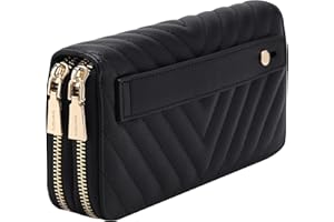 B BRENTANO Vegan Leather Double Zipper Pocket Wallet with Grip Hand Strap (Chevron Embroidered Black)