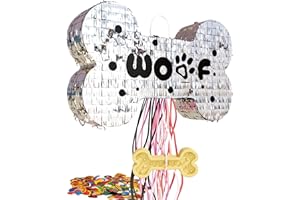 MUWOOB Dog Bone Pinata for Puppy Birthday Party Decorations, Pull String Pinata for Dog Themed Party Supplies, Silver Bones (16 x 10 x 3 inches)