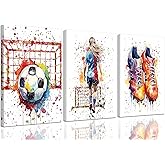 3Pcs Girl Graffiti Soccer Canvas Wall Art Colorful Sneakers Posters Prints Wall Decor Pictures Sports Theme Football Paintings for Bedroom Girls Room Teen Kids Playroom Artwork Home Decoration