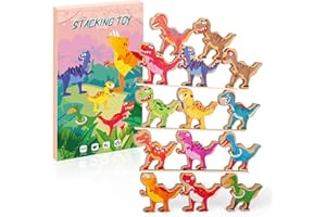 SATKAGO 14-Piece 3-Inch Wooden Dinosaur Stacking Toys for Kids 3-7, STEM Educational Party Favors