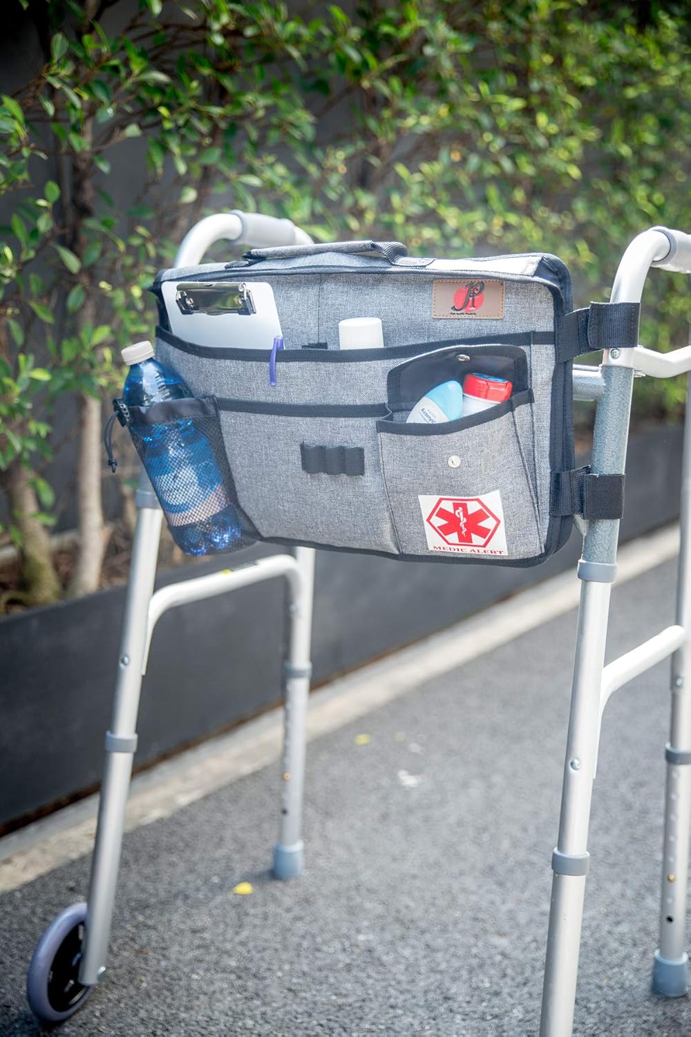 Premium Quality Walker Bag(Double-Sided) with Cup Holder for Walker by P&F | Deluxe Walker Accessories | Attachments Pouch for Rollator or Folding Walker (Gray): Health & Personal Care