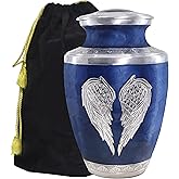 M MEILINXU Urns for Human Ashes Adult Man & Women, Cremation Urn for Ashes Adult Male & Female, Burial Urn, Decorative Urns for Funeral, Silver Engraved Angel Wings, Dark Blue and Silvery - Large