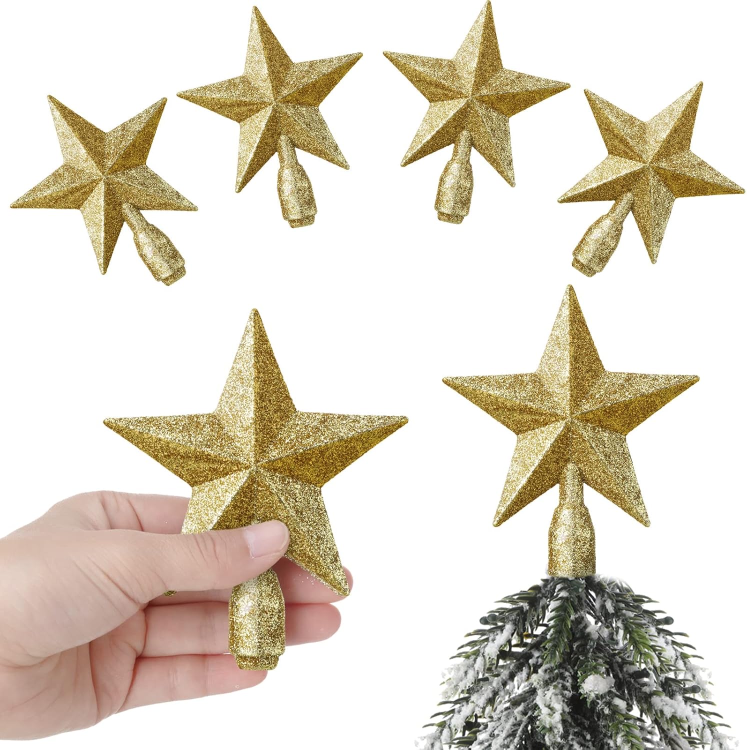 Tree Toppers - 4 Pcs 4 Inches Glitter Star Christmas Tree Topper Mini Christmas Star Tree Toppers Decorative Small Christmas Tree Decoration Treetop for Holiday Ornament Home Decor (Gold)