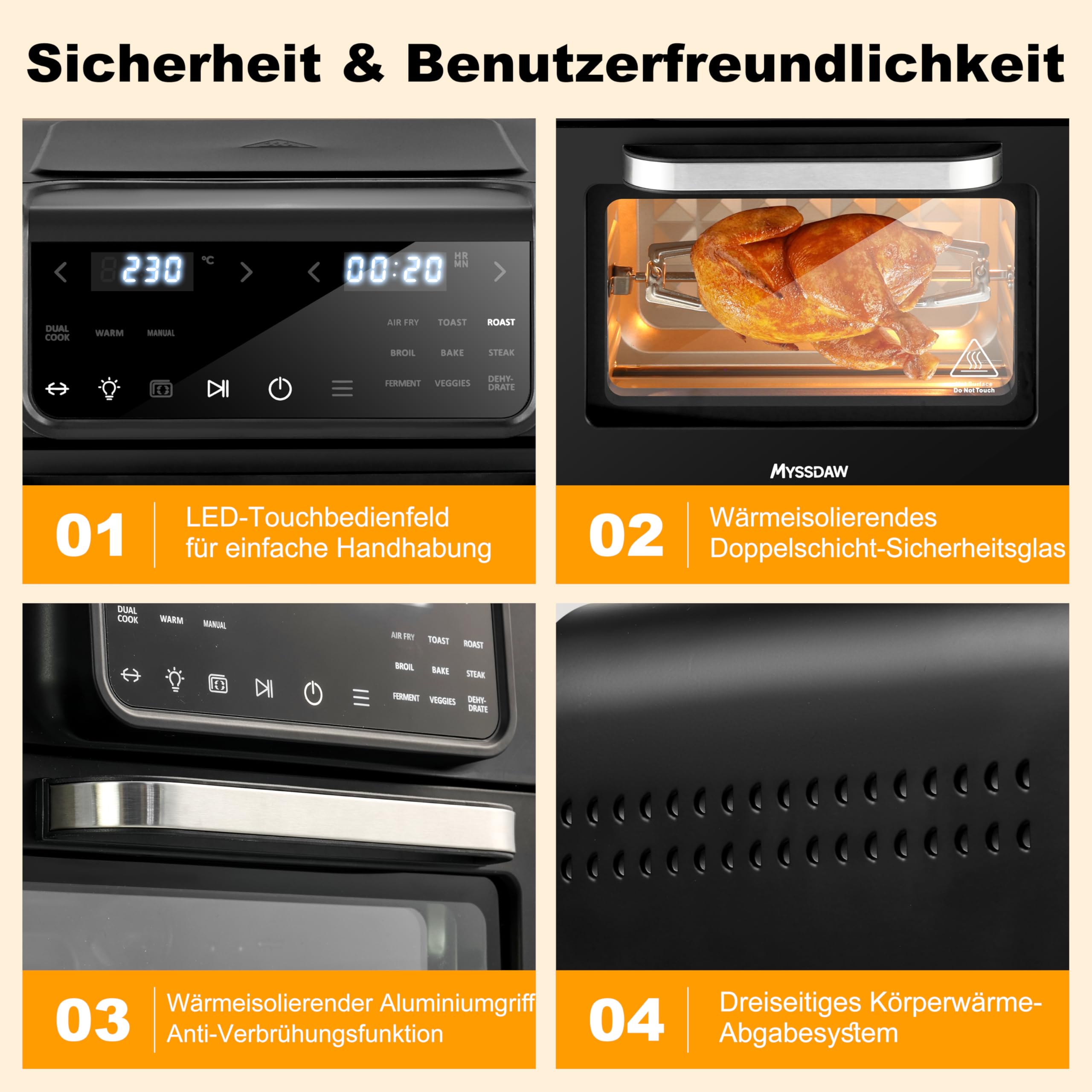 16L Heißluftfritteuse XXL mit Rotisserie Große Kapazität Bis zu 230°C 9 smarte Kochfunktionen Air Fry Roast Grill Bake Dehydrate & Mehr Einfache Digitale Steuerung Tischofen 8