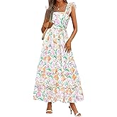 BTFBM Spring Dresses for Women 2026 Sleeveless Boho Floral Maxi Wedding Guest Dress Beach Vacation Clothes with Pockets